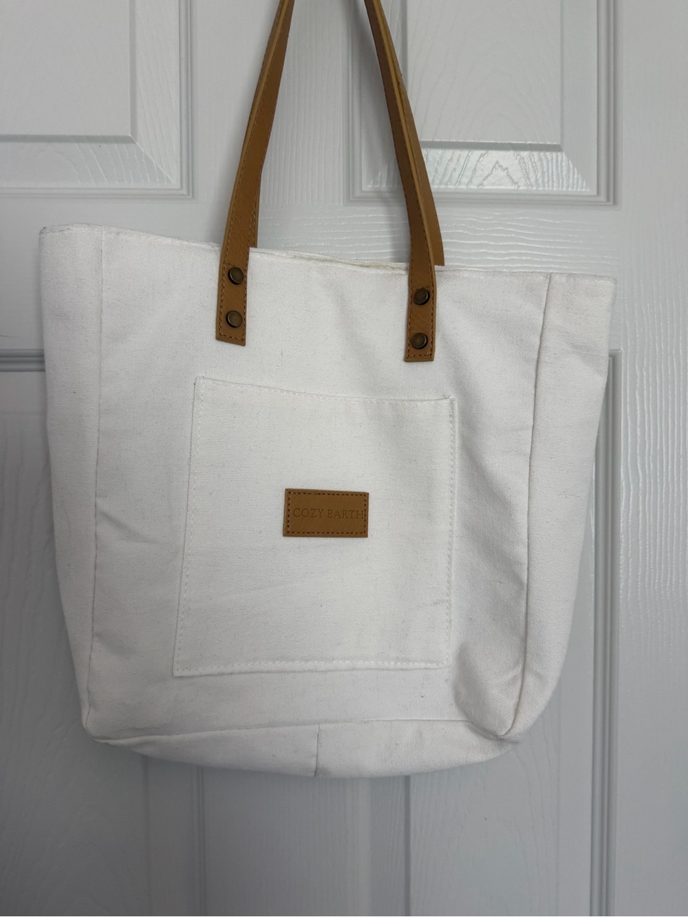Cozy Earth White Canvas Tote with Tan Handles